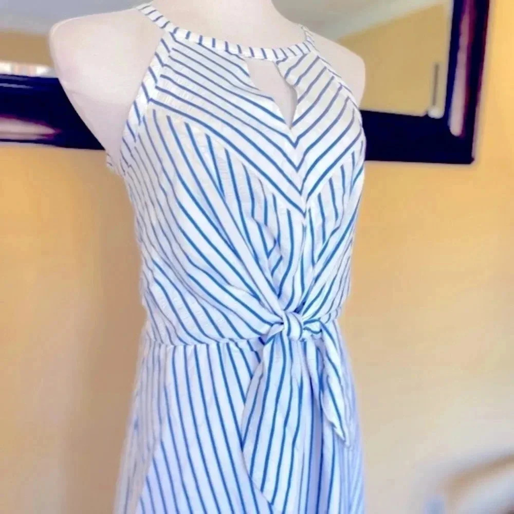 London Times Striped Halter Midi Dress Blue White Tie Front 8 NWOT - Picture 3 of 10
